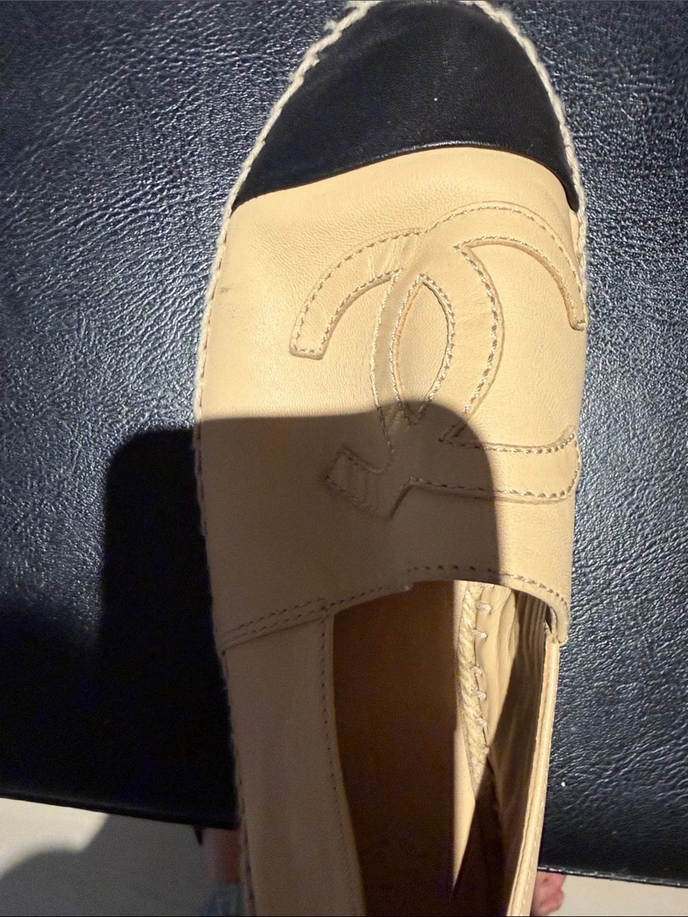 CHANEL Beige Leather Espadrilles with Black Cap Toe